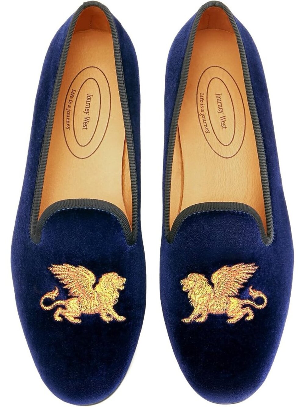 Journey West Men's Lion Navy Blue Round Toe Tuxedo Embroidery Velvet Loafers